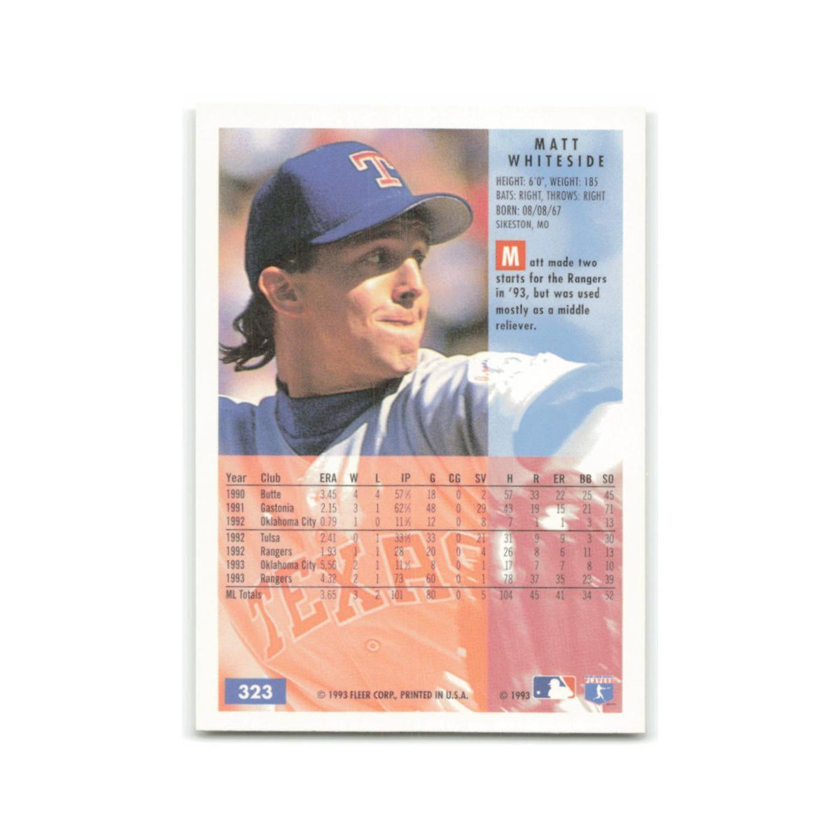 Matt Whiteside 1994 Fleer #323 Texas Rangers Baseball Card NM