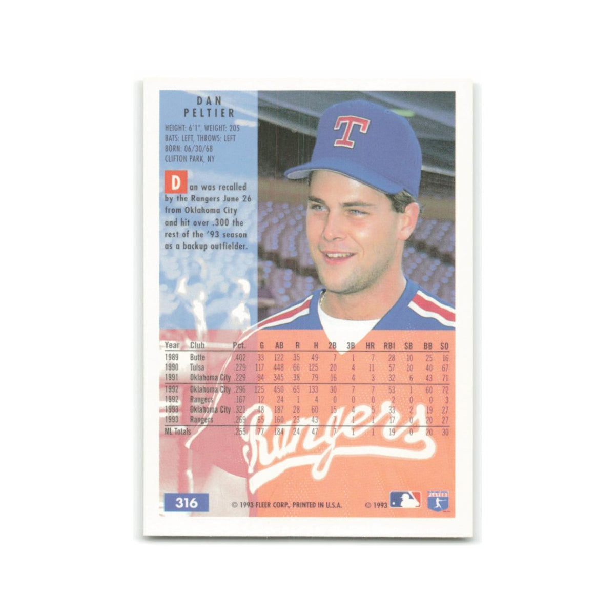 Dan Peltier 1994 Fleer #316 Texas Rangers Baseball Card NM