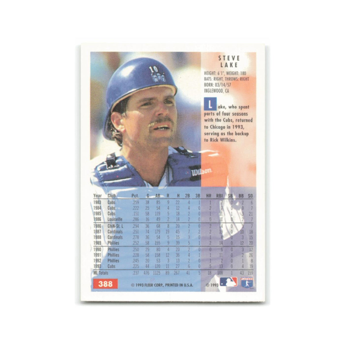Steve Lake 1994 Fleer #388 Chicago Cubs Baseball Card NM