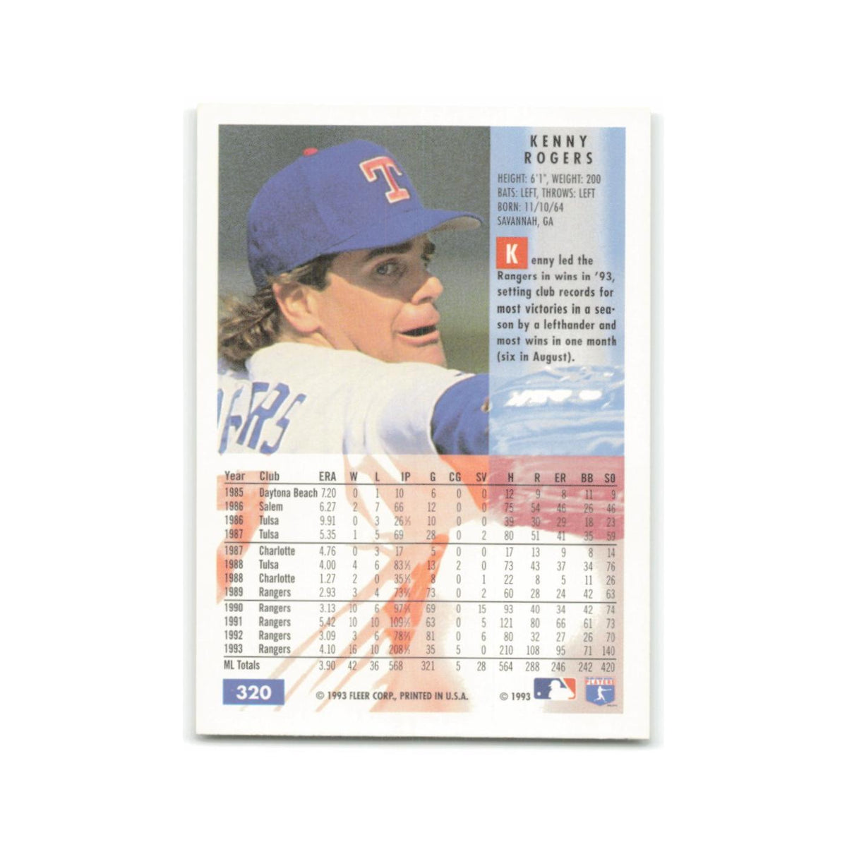 Kenny Rogers 1994 Fleer #320 Texas Rangers Baseball Card NM