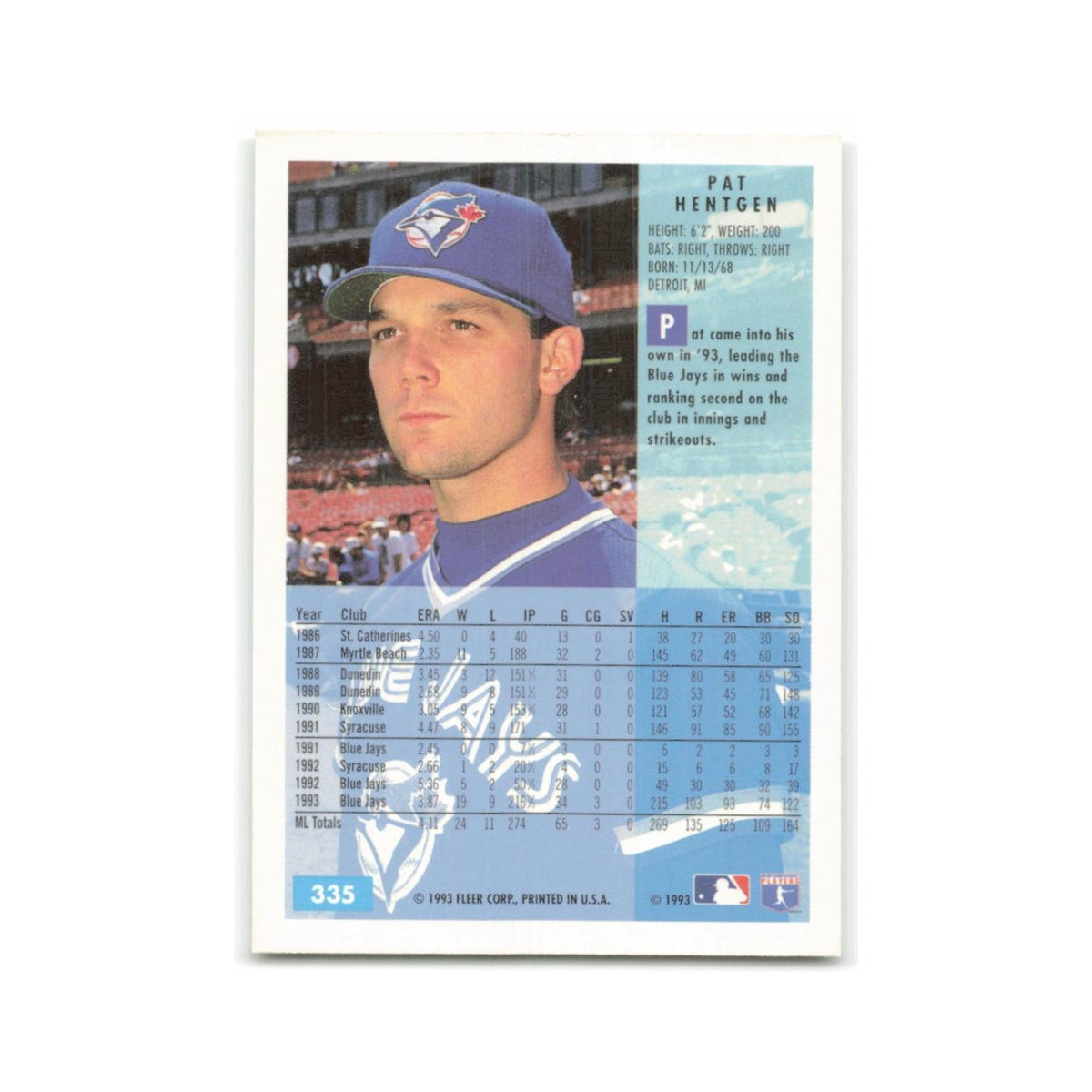 Pat Hentgen 1994 Fleer #335 Toronto Blue Jays Baseball Card NM