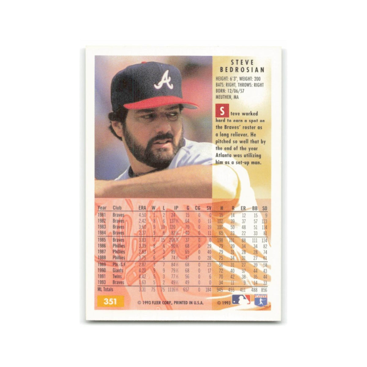 Steve Bedrosian 1994 Fleer #351 Atlanta Braves Baseball Card NM