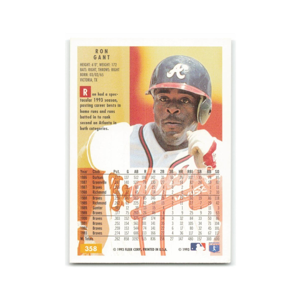 Ron Gant 1994 Fleer #358 Atlanta Braves Baseball Card NM