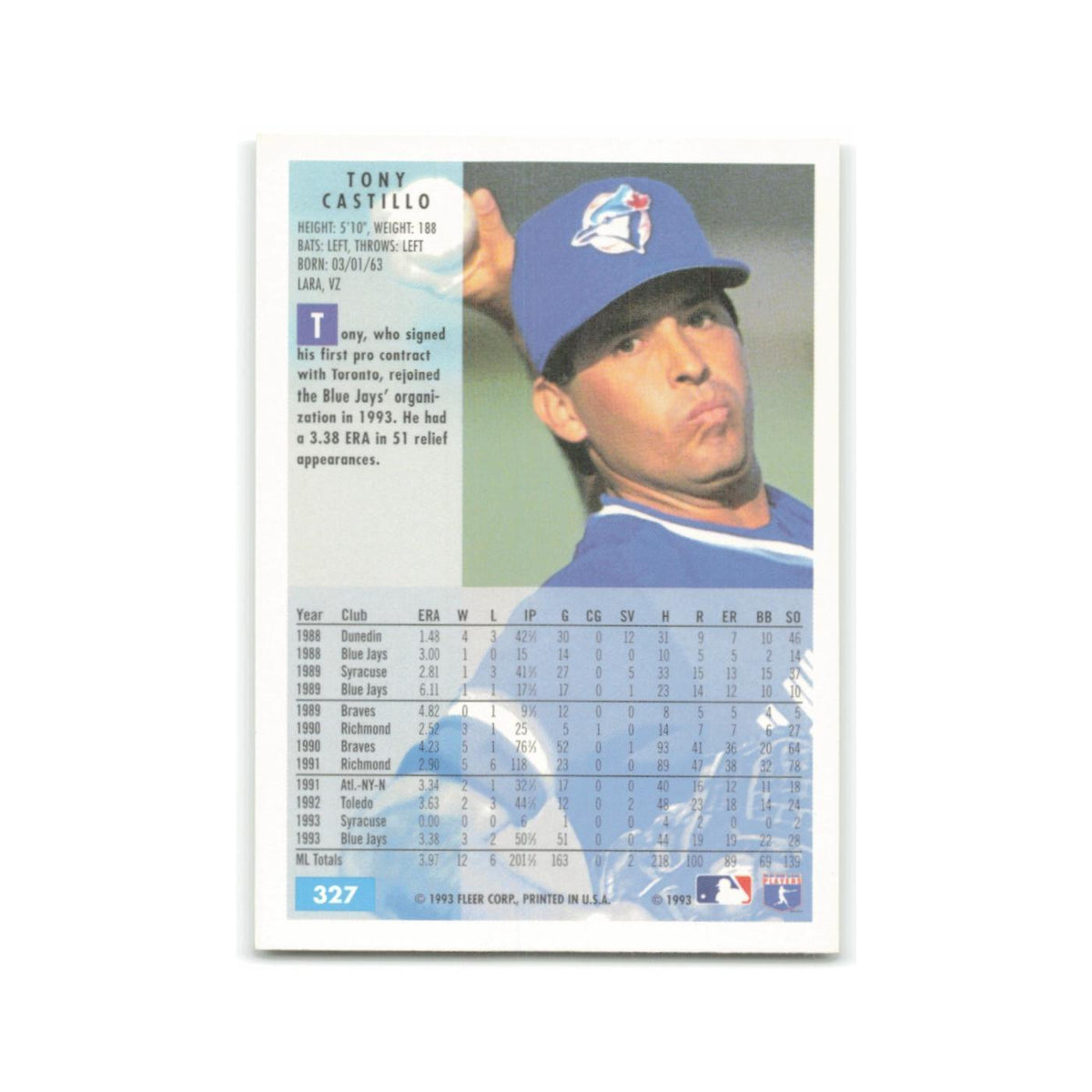 Tony Castillo 1994 Fleer #327 Toronto Blue Jays Baseball Card NM