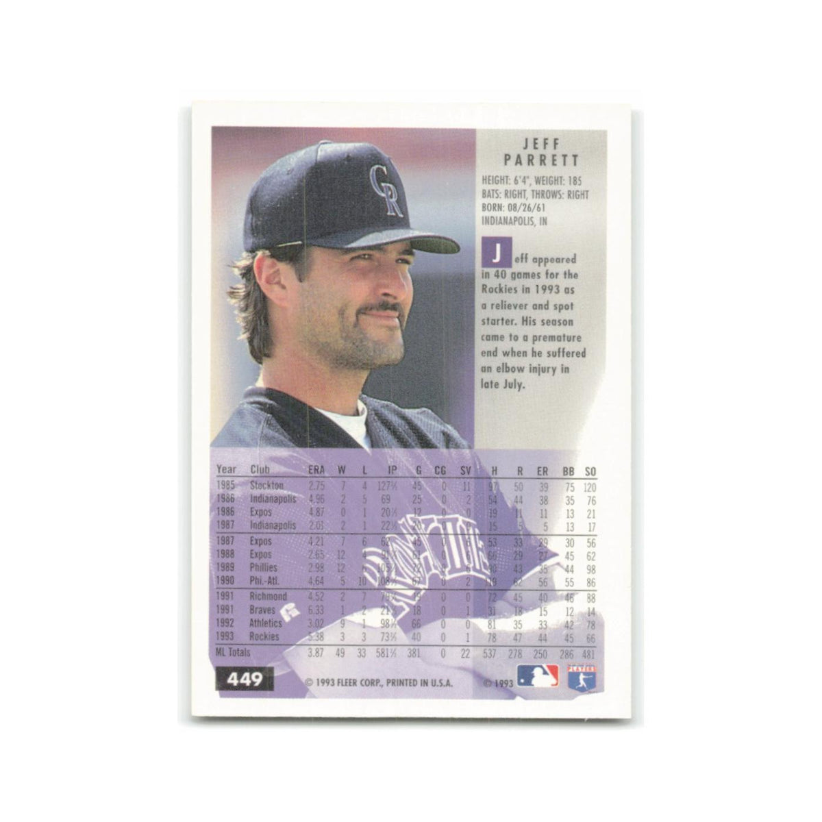 Jeff Parrett 1994 Fleer #449 Colorado Rockies Baseball Card NM