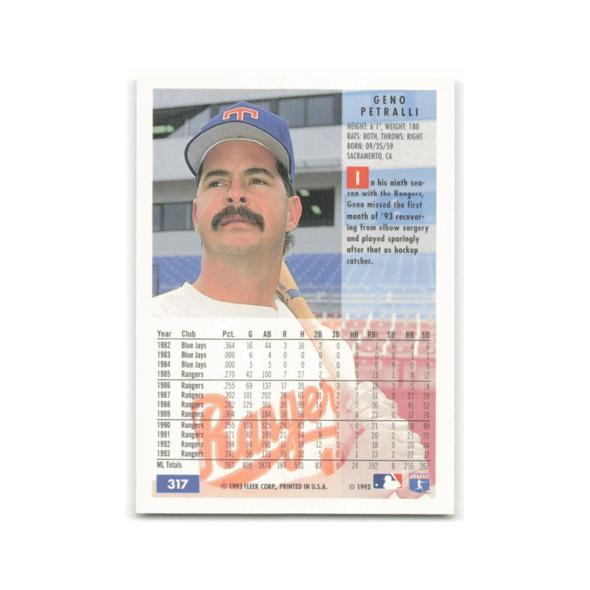 Geno Petralli 1994 Fleer #317 Texas Rangers Baseball Card NM