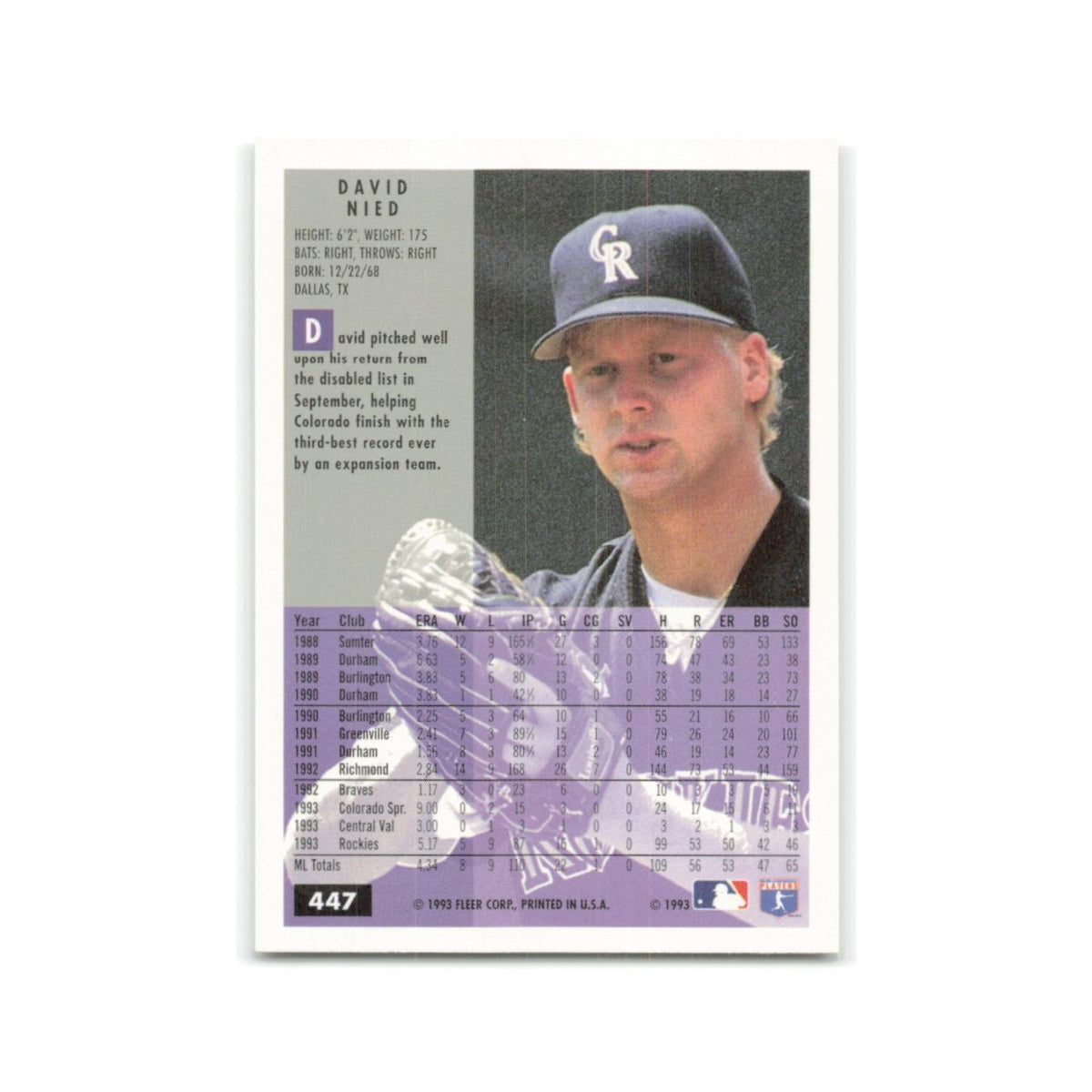 David Nied 1994 Fleer #447 Colorado Rockies Baseball Card NM