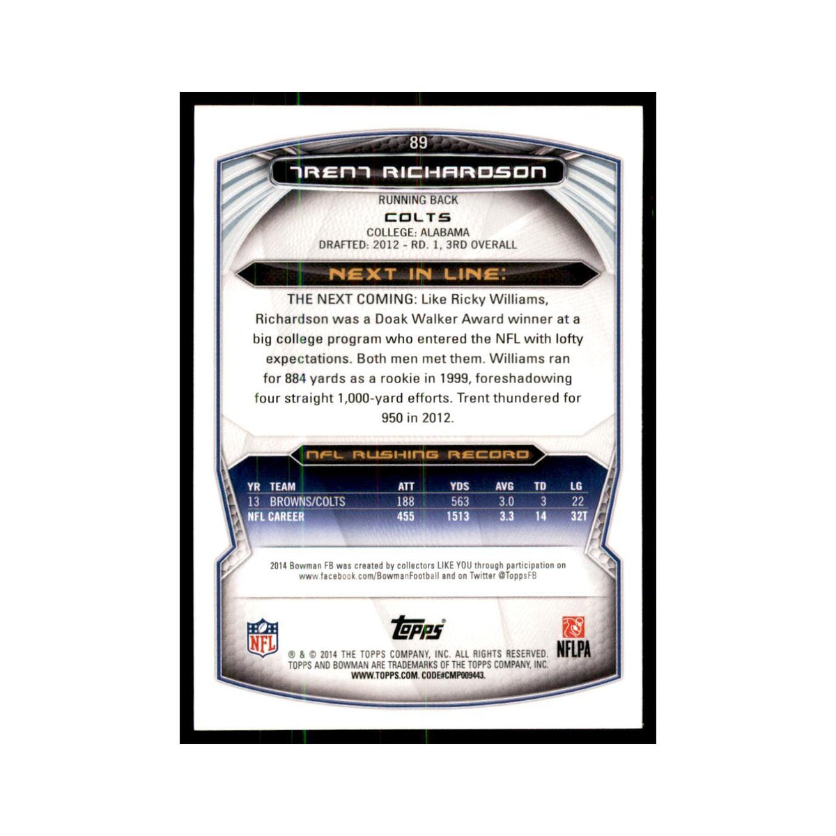 2014 Bowman Trent Richardson Football Cards #89