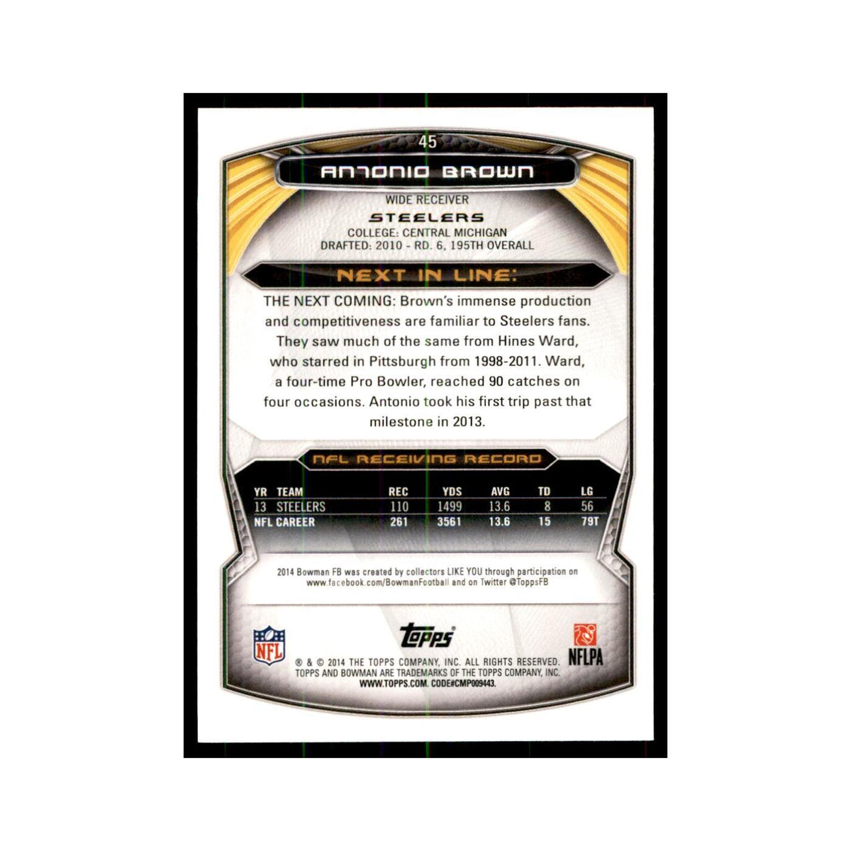 2014 Bowman Antonio Brown Football Cards #45