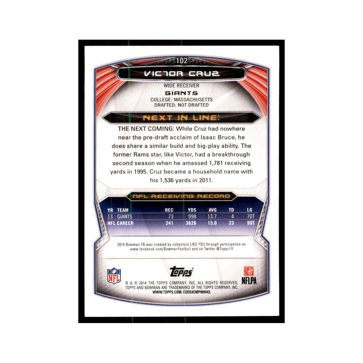 2014 Bowman Victor Cruz Football Cards #102