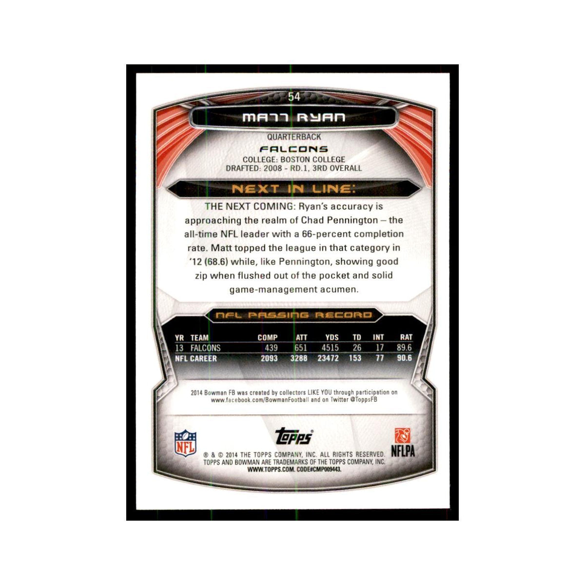 2014 Bowman Matt Ryan Football Cards #54