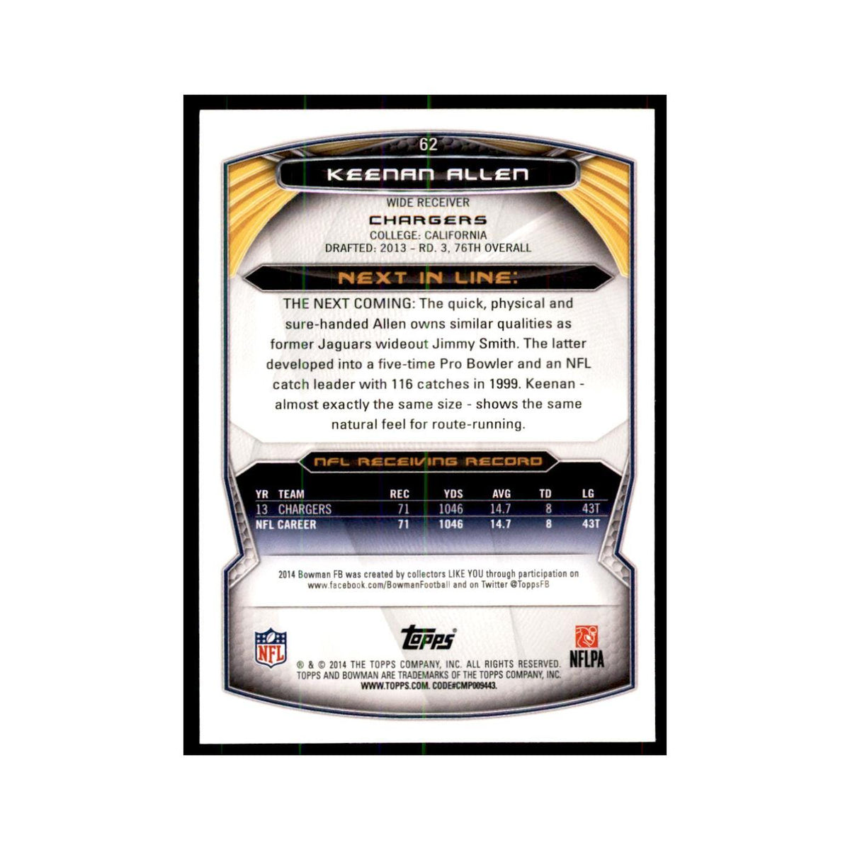 2014 Bowman Keenan Allen Football Cards #62