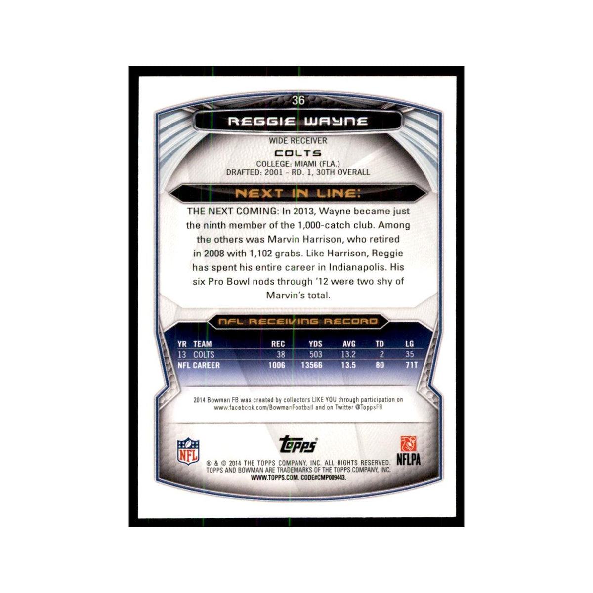 2014 Bowman Reggie Wayne Football Cards #36