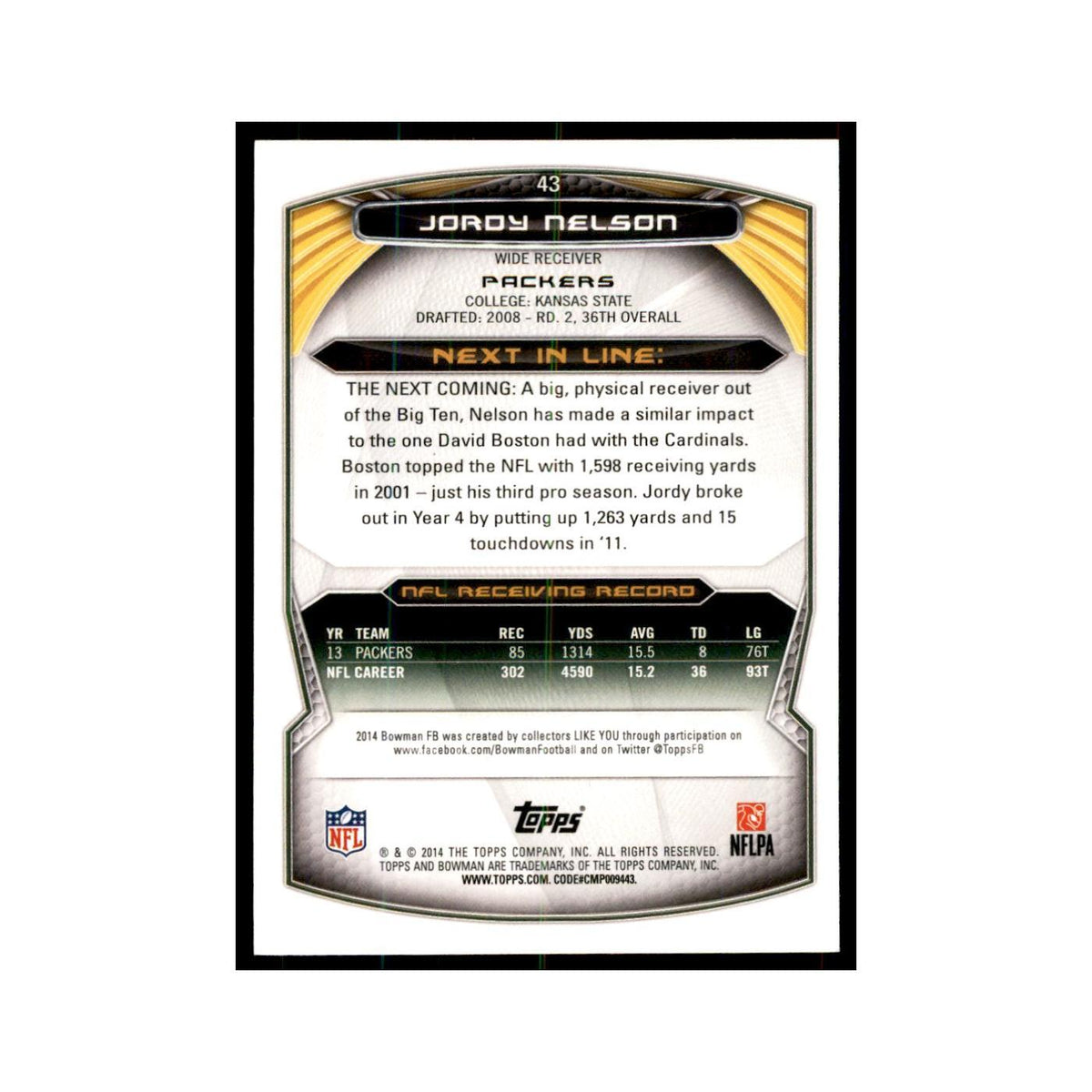 2014 Bowman Jordy Nelson Football Cards #43
