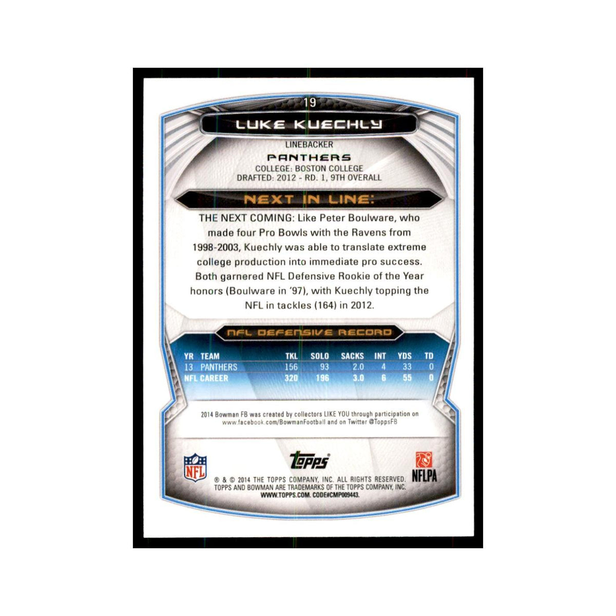 2014 Bowman Luke Kuechly Football Cards #19