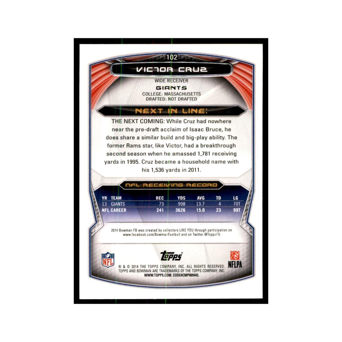 2014 Bowman Victor Cruz Football Cards #102