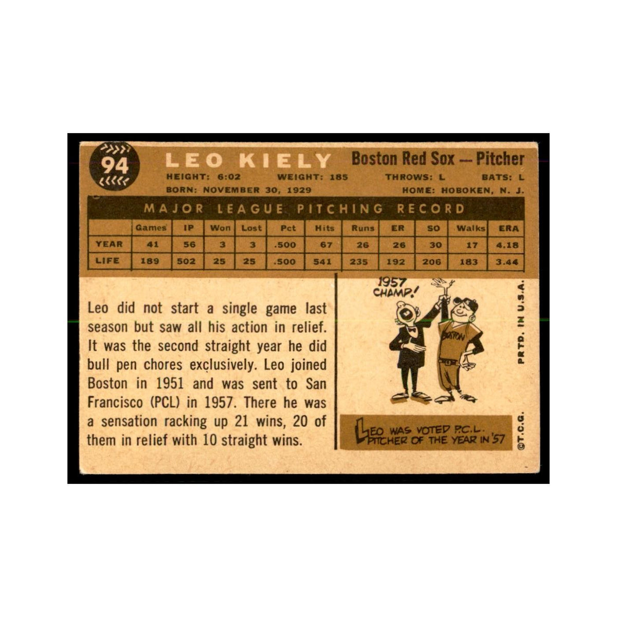 1960 Topps Leo Kiely Baseball Cards #94
