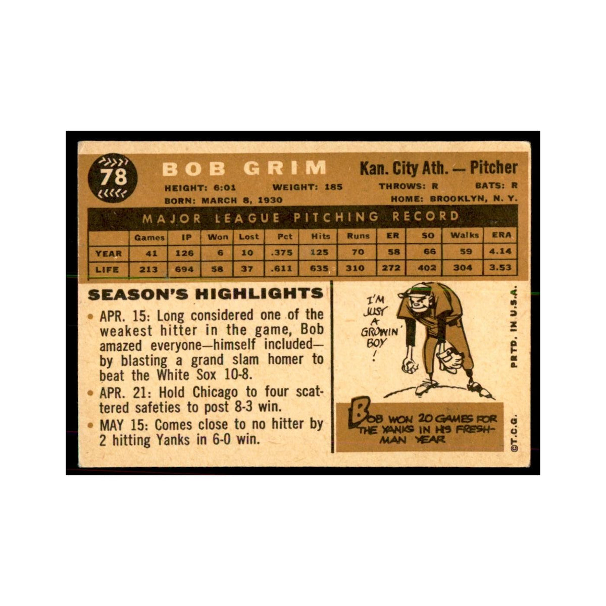 1960 Topps Bob Grim Baseball Cards #78