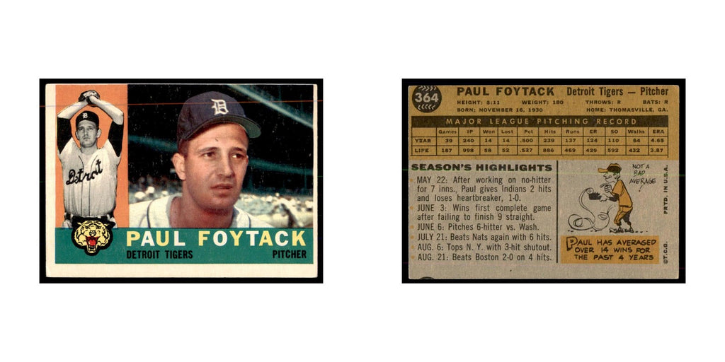 1960 Topps Paul Foytack Baseball Cards #364