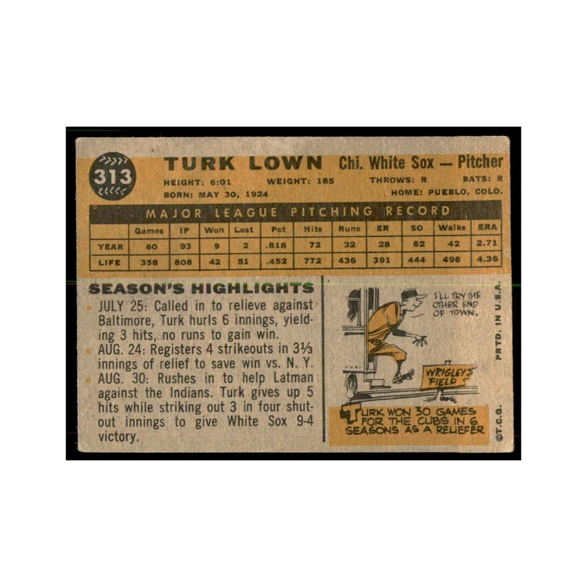 1960 Topps Turk Lown Baseball Cards #313