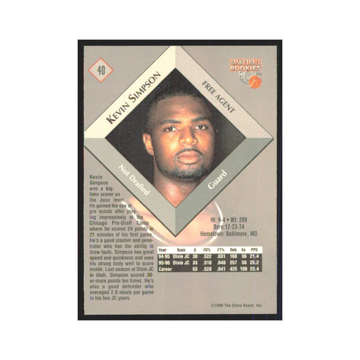 1996 Score Board Kevin Simpson RC #40