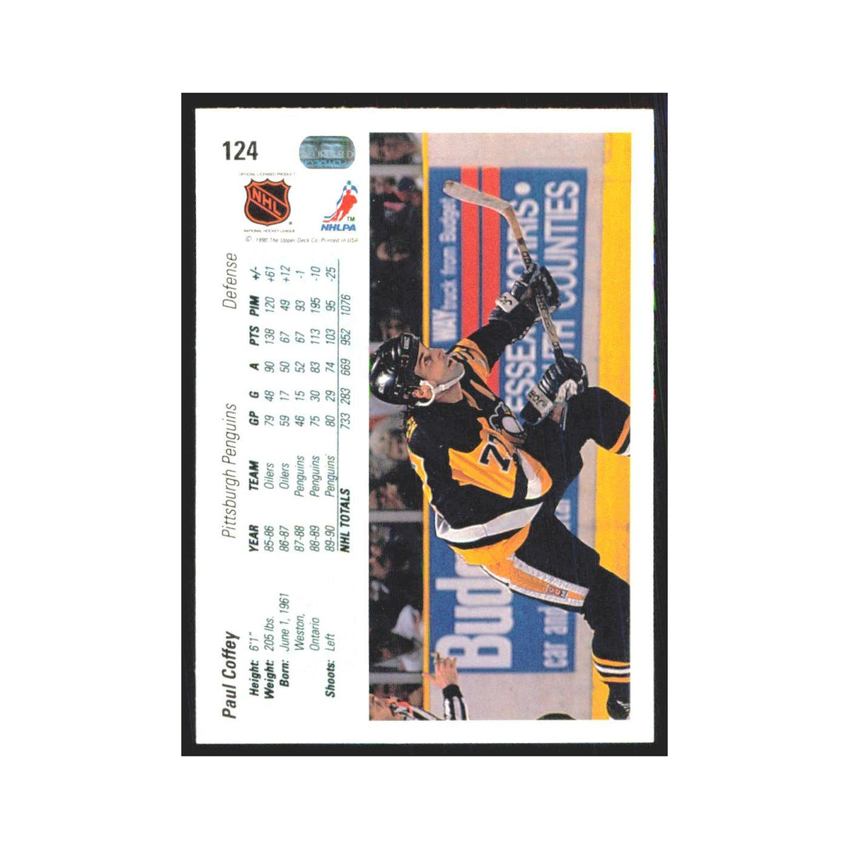 Paul Coffey 1990 Upper Deck #124 Pittsburgh Penguins Hockey Card NM