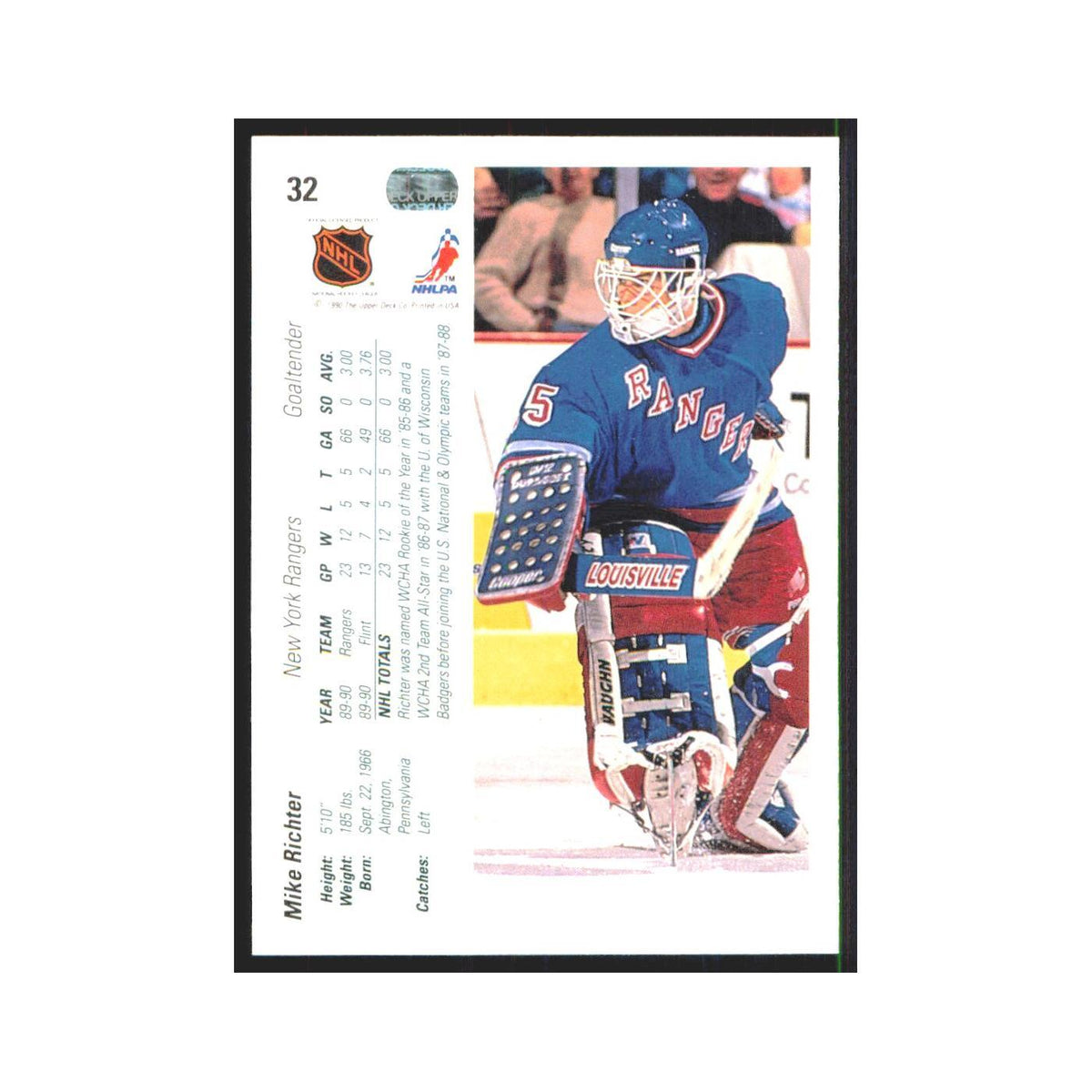 Mike Richter 1990 Upper Deck #32 New York Rangers Hockey Card NM
