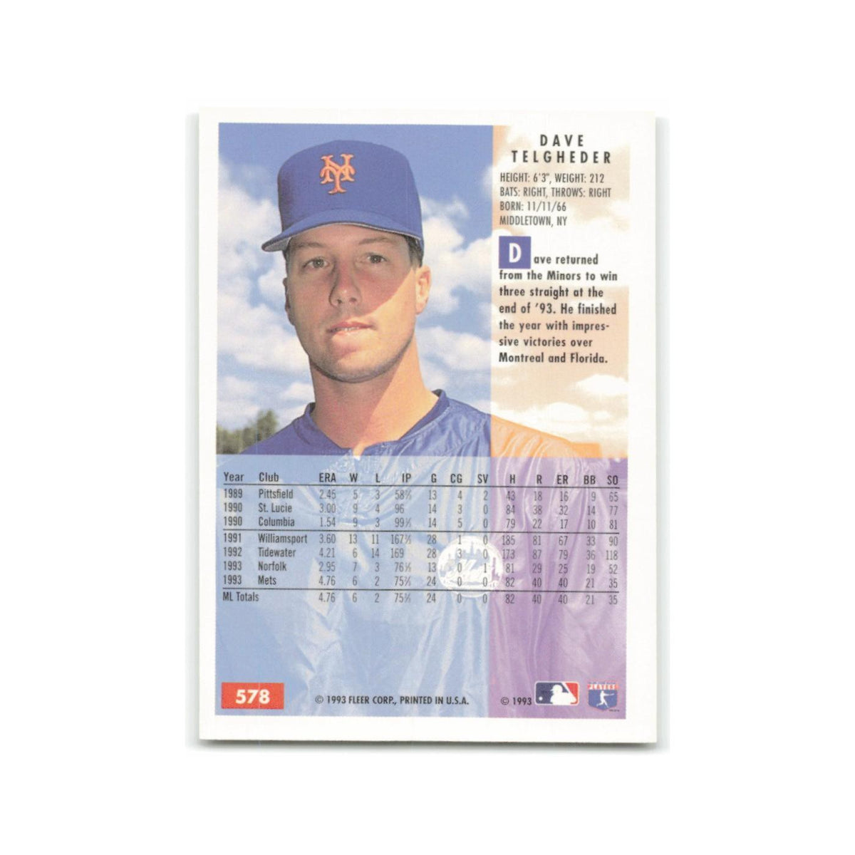 Dave Telgheder 1994 Fleer #578 New York Mets Baseball Card NM