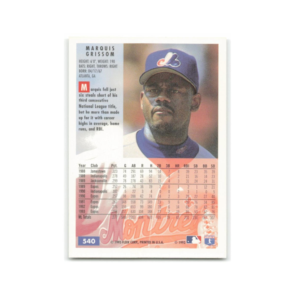 Marquis Grissom 1994 Fleer #540 Montreal Expos Baseball Card NM