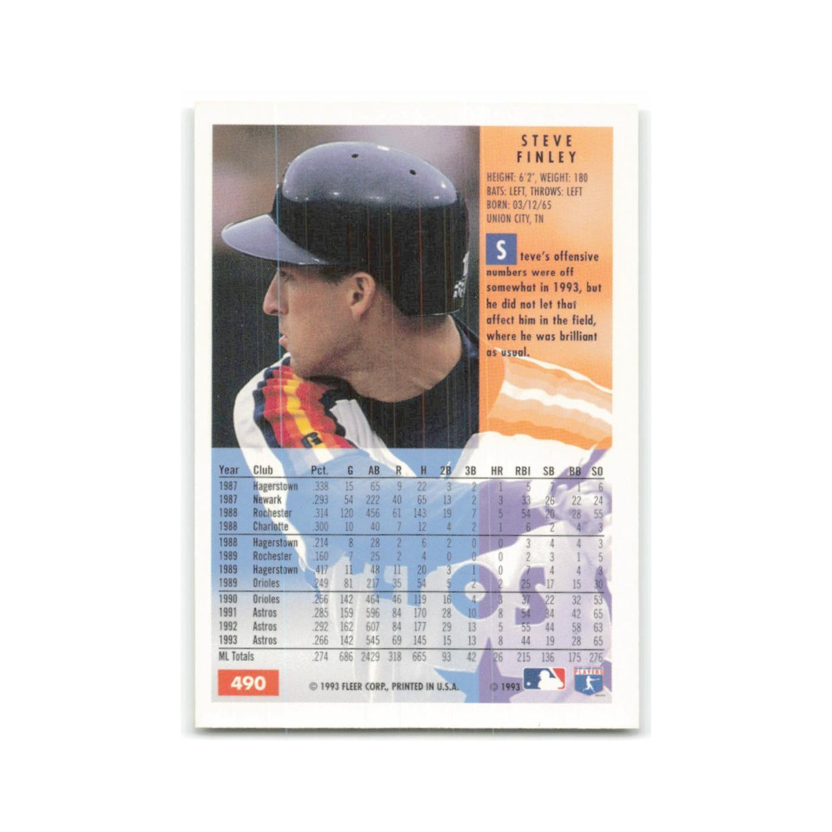 Steve Finley 1994 Fleer #490 Houston Astros Baseball Card NM