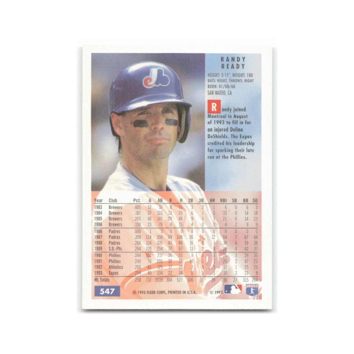 Randy Ready 1994 Fleer #547 Montreal Expos Baseball Card NM