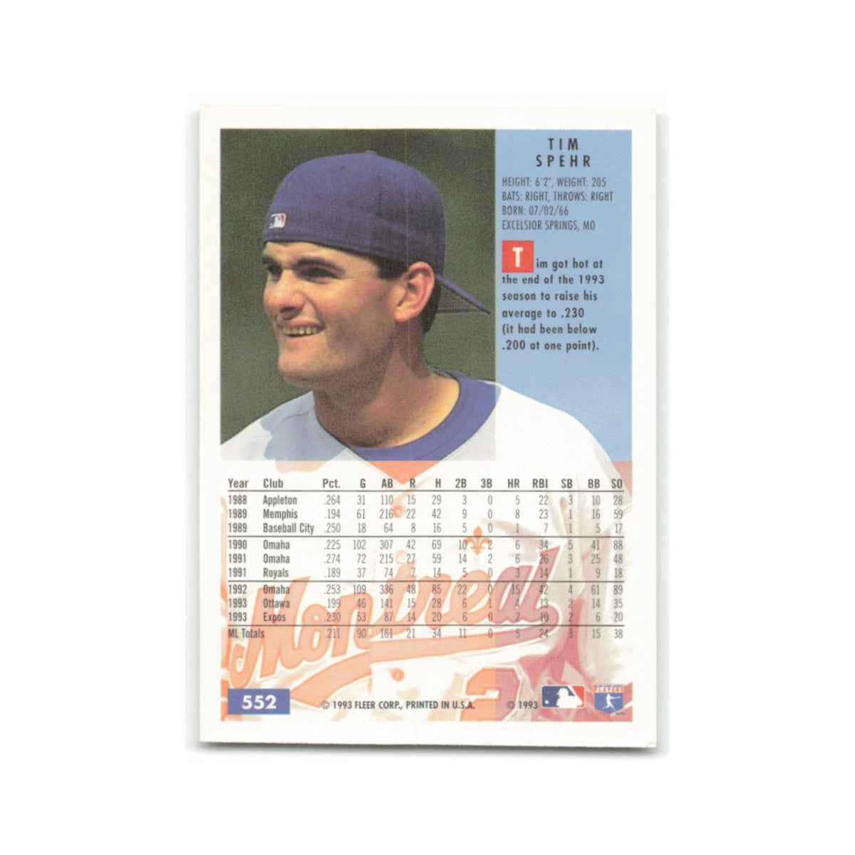 Tim Spehr 1994 Fleer #552 Montreal Expos Baseball Card NM