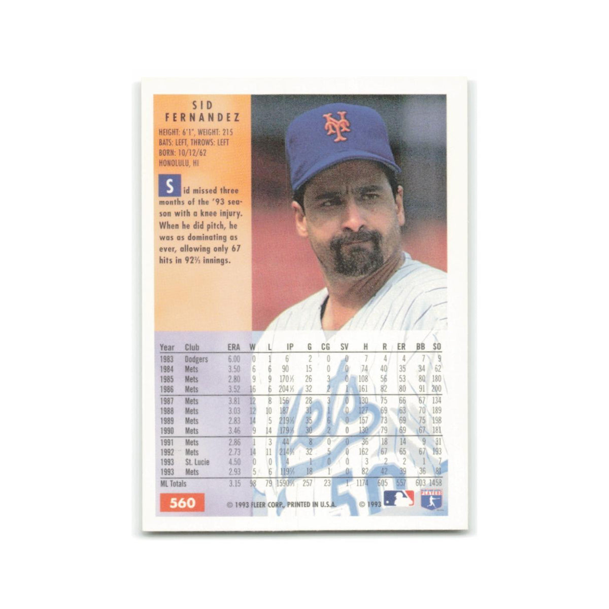 Sid Fernandez 1994 Fleer #560 New York Mets Baseball Card NM