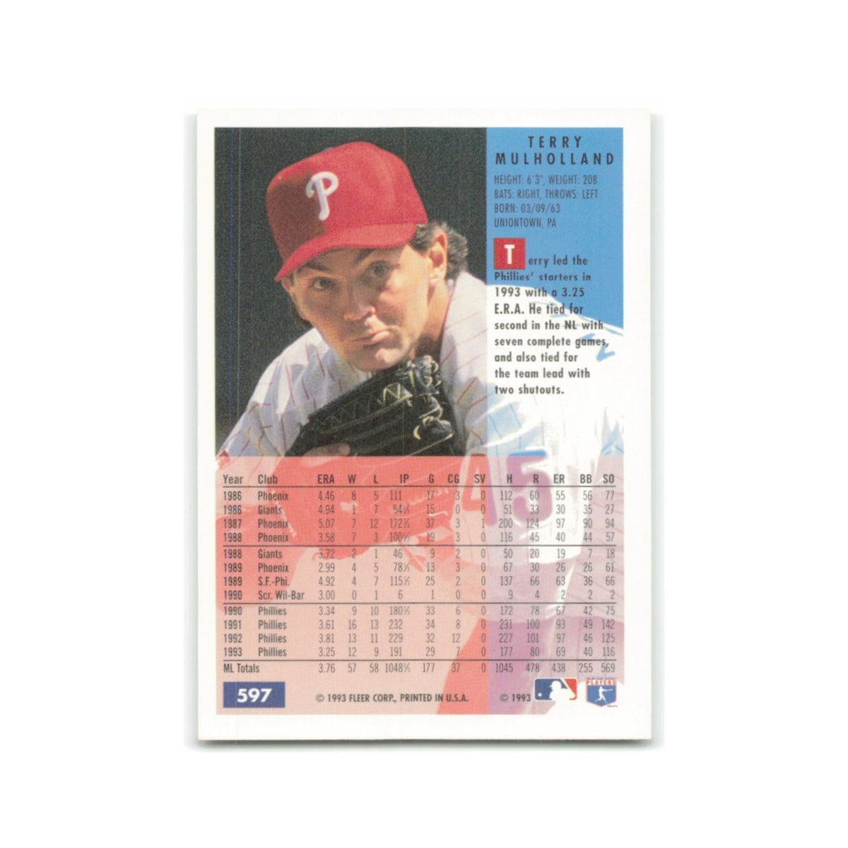 Terry Mulholland 1994 Fleer #597 Philadelphia Phillies Baseball Card NM