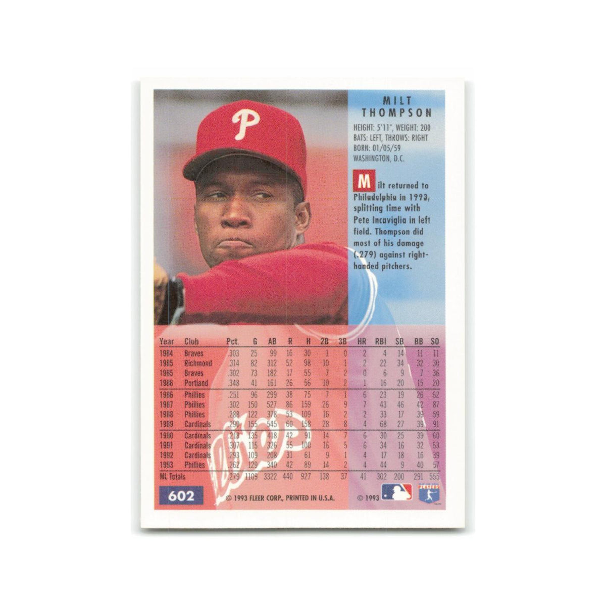 Milt Thompson 1994 Fleer #602 Philadelphia Phillies Baseball Card NM