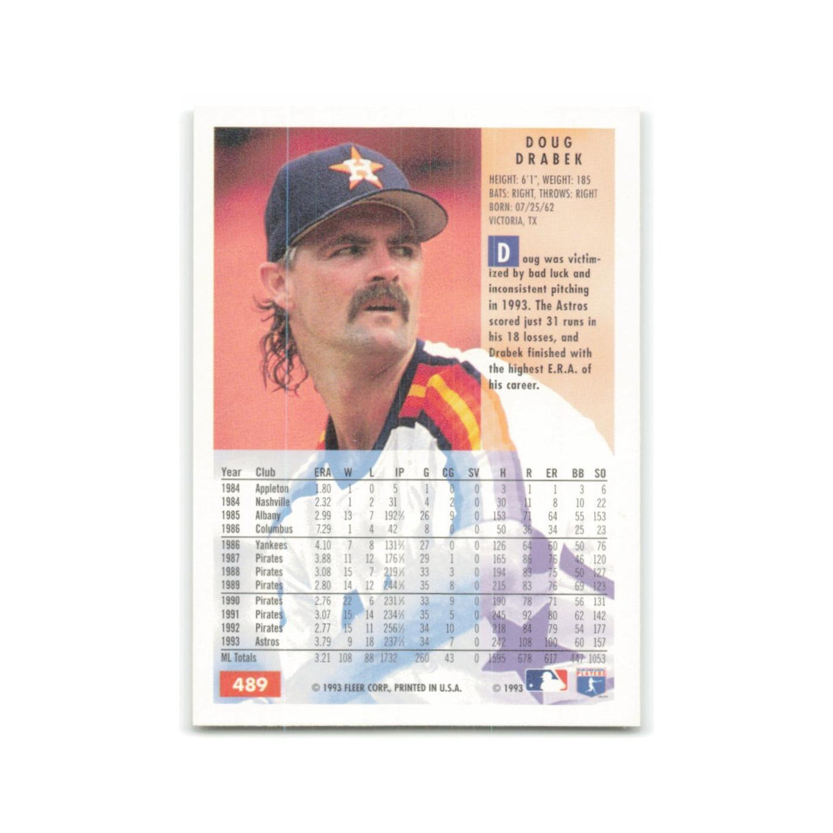 Doug Drabek 1994 Fleer #489 Houston Astros Baseball Card NM