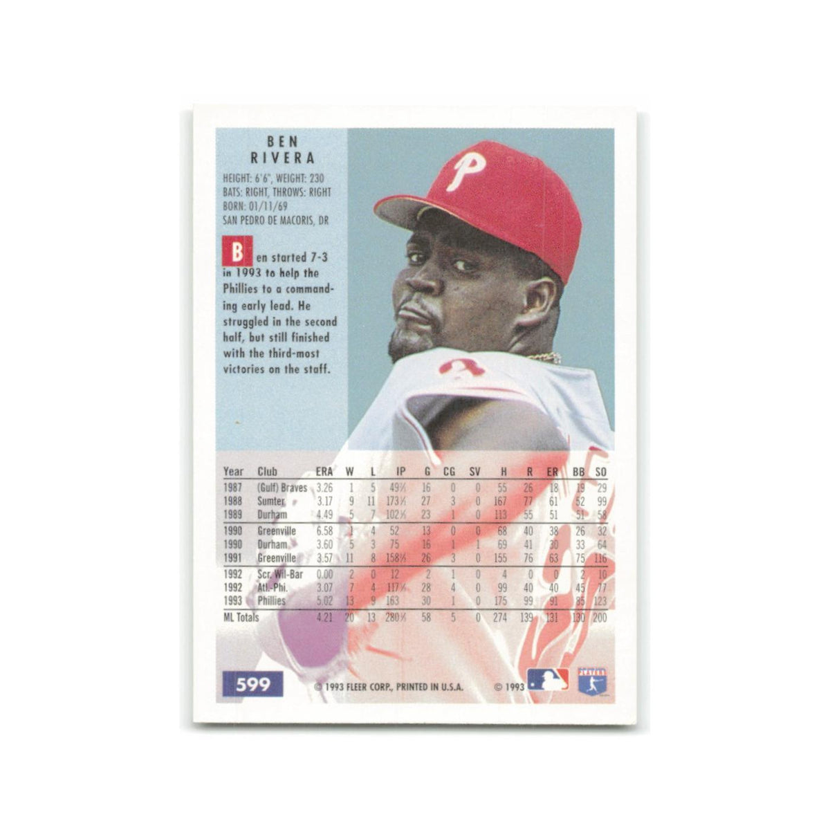 Ben Rivera 1994 Fleer #599 Philadelphia Phillies Baseball Card NM