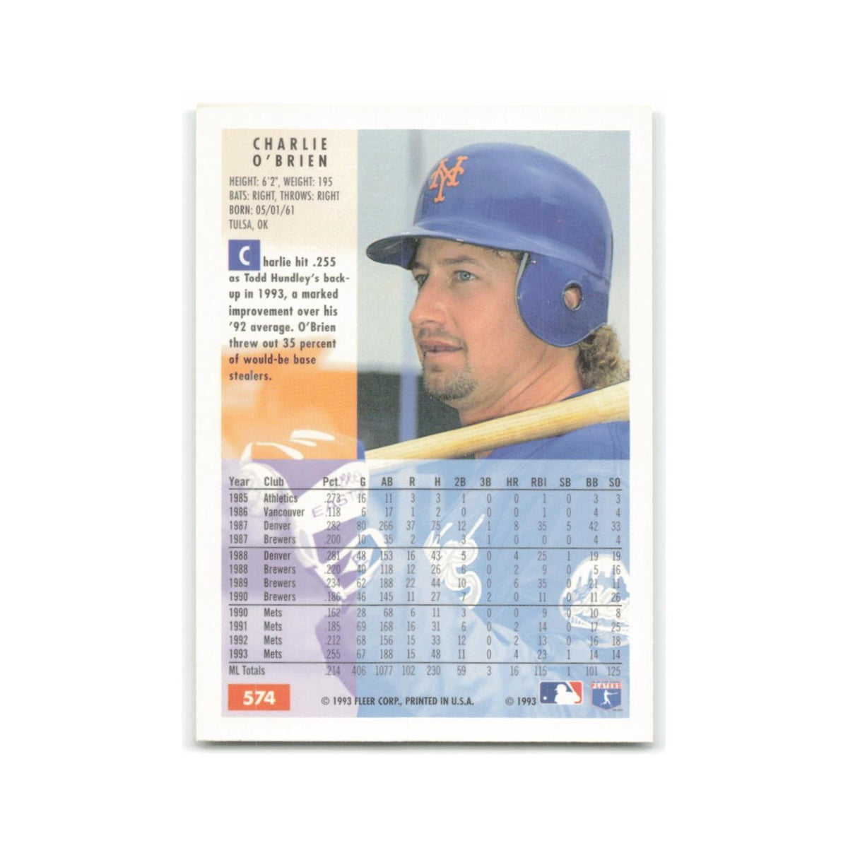Charlie O'Brien 1994 Fleer #574 New York Mets Baseball Card NM