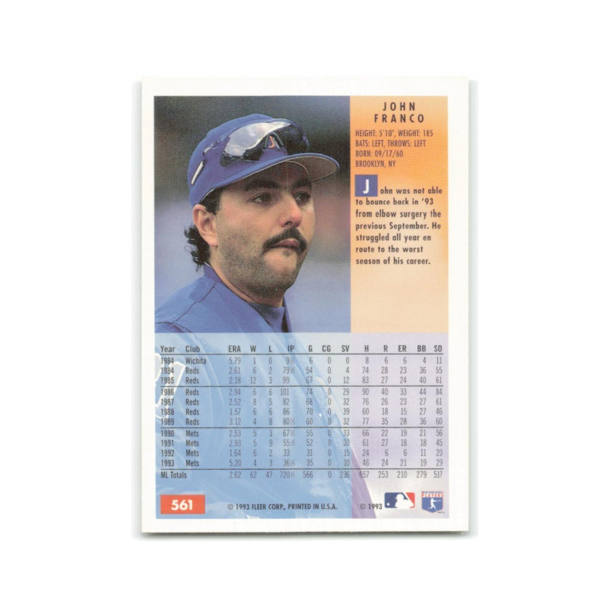 John Franco 1994 Fleer #561 New York Mets Baseball Card NM