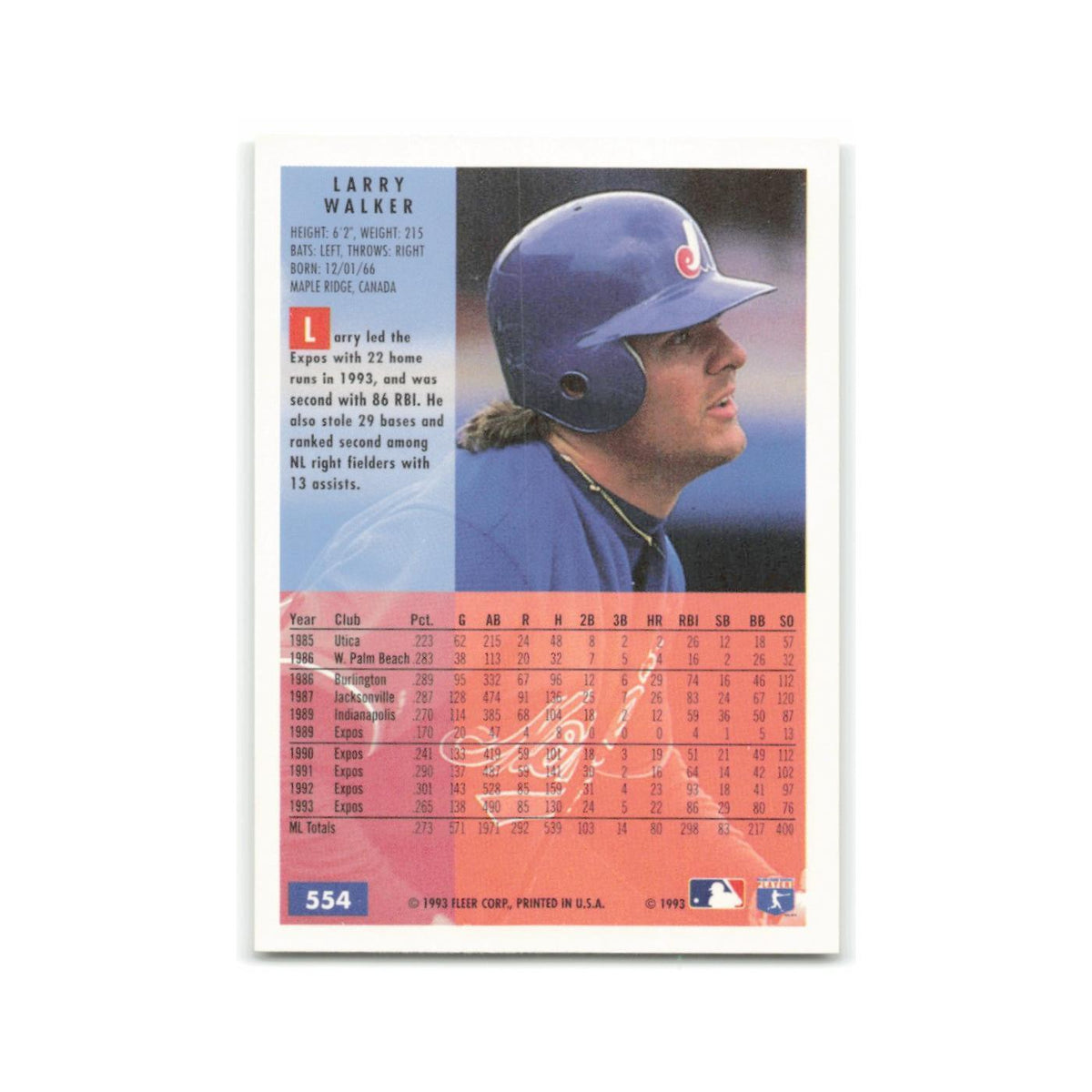 Larry Walker 1994 Fleer #554 Montreal Expos Baseball Card NM
