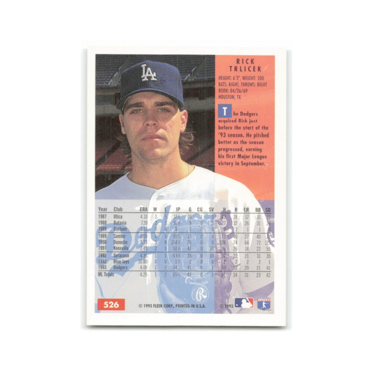 Rick Trlicek 1994 Fleer #526 Los Angeles Dodgers Baseball Card NM
