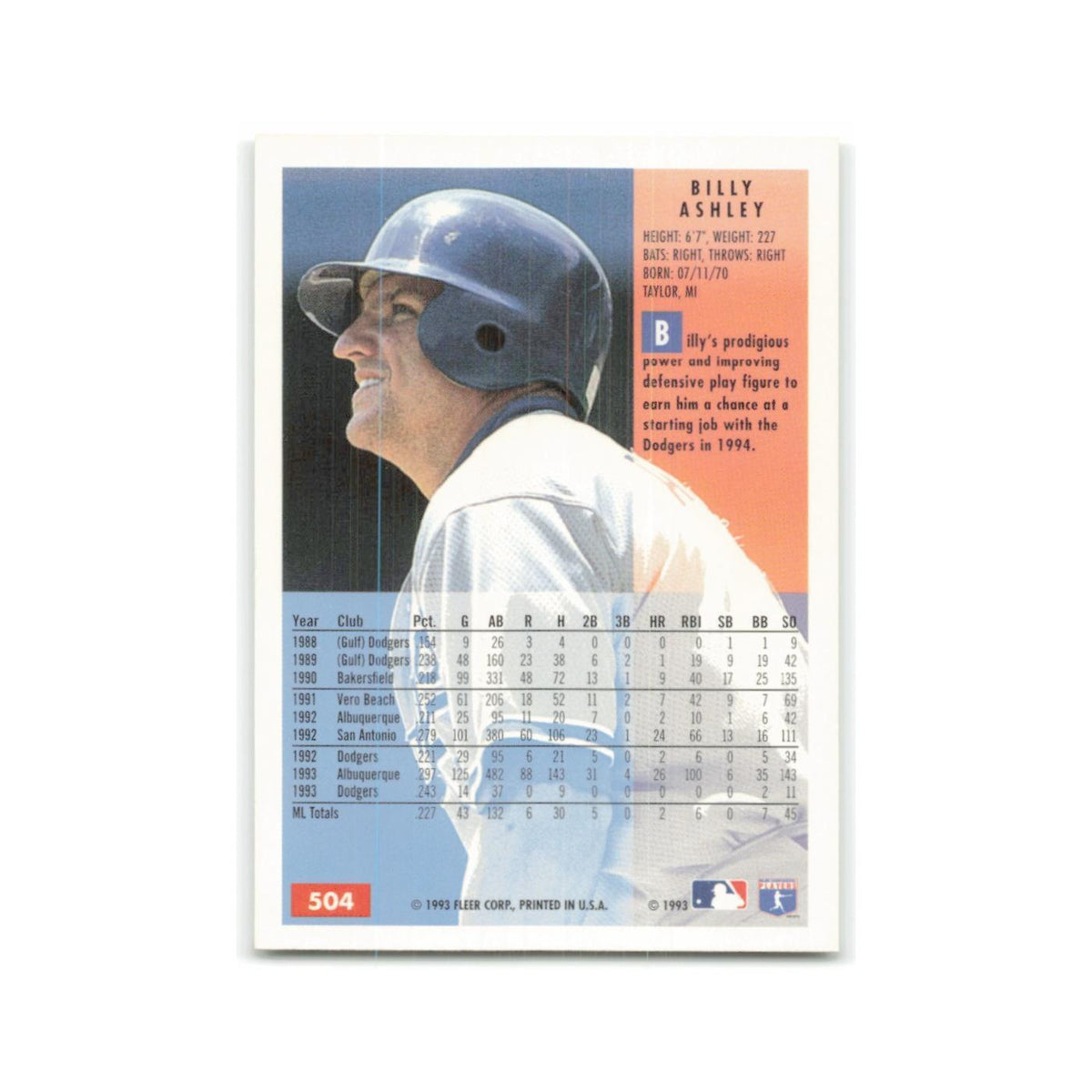 Billy Ashley 1994 Fleer #504 Los Angeles Dodgers Baseball Card NM