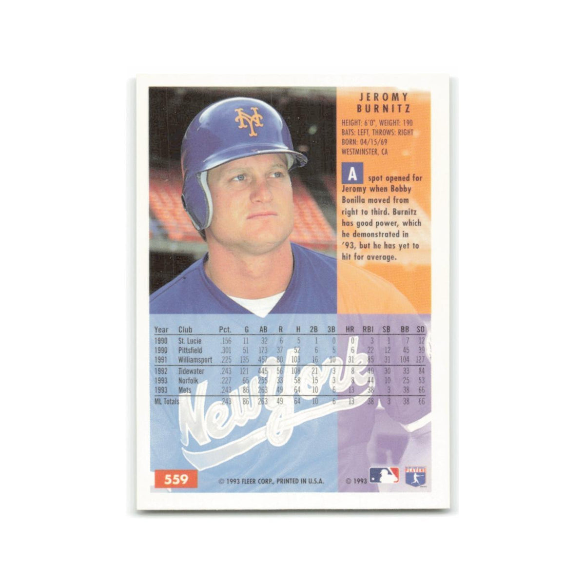 Jeromy Burnitz 1994 Fleer #559 New York Mets Baseball Card NM