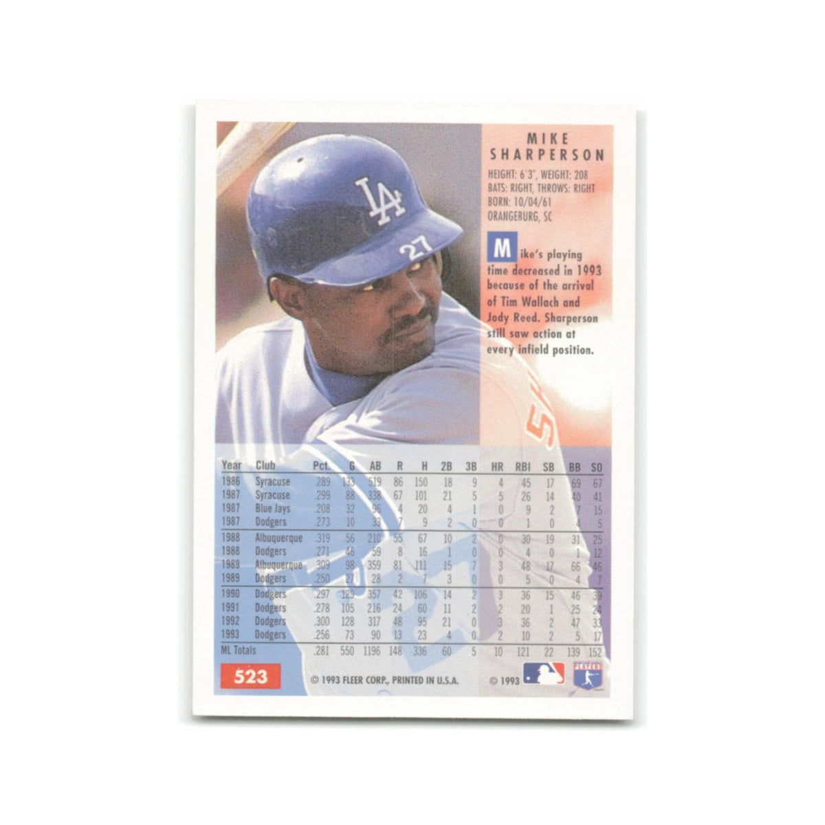 Mike Sharperson 1994 Fleer #523 Los Angeles Dodgers Baseball Card NM