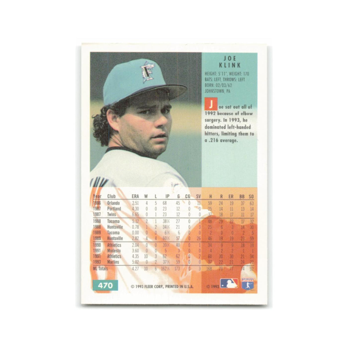 Joe Klink 1994 Fleer #470 Florida Marlins Baseball Card NM
