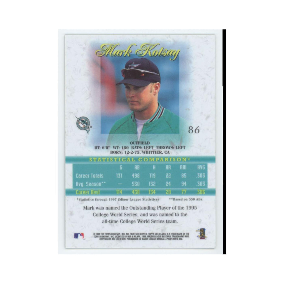 1998 Topps Gold Label Mark Kotsay Florida Marlins #86