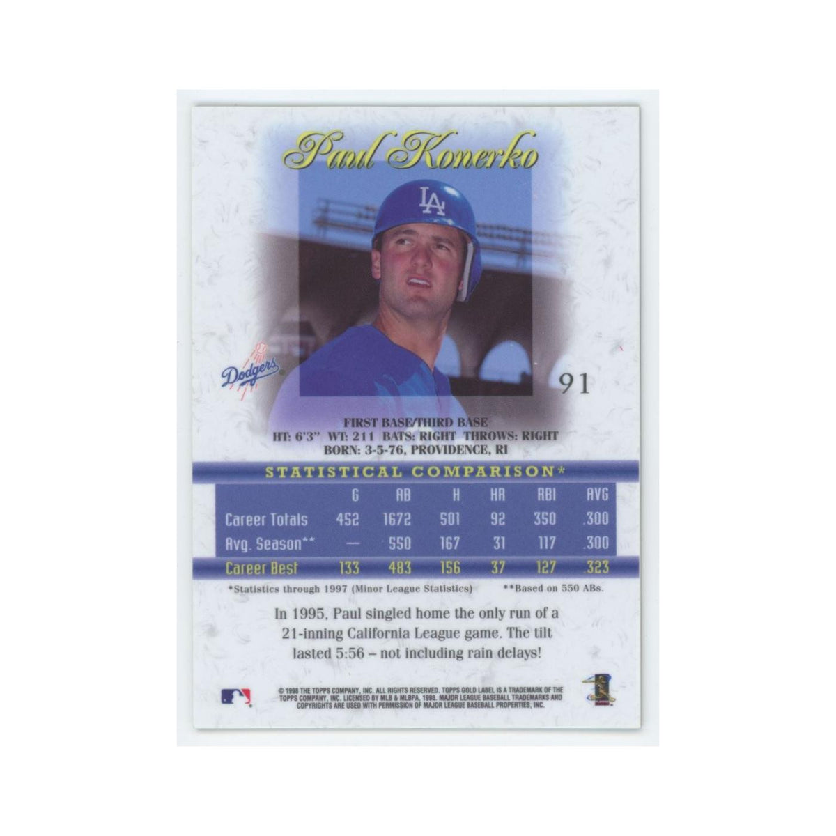 1998 Topps Gold Label Paul Konerko Dodgers #91