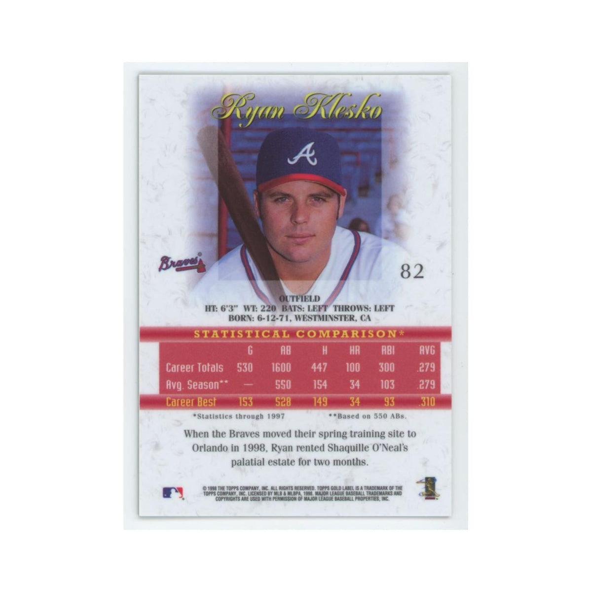 1998 Topps Gold Label Ryan Klesko Braves #82