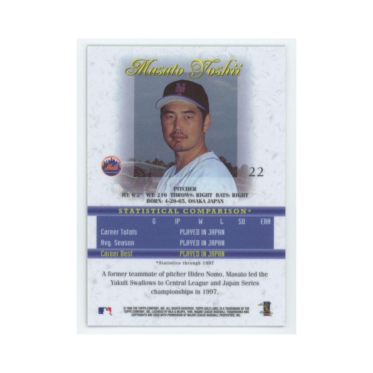 1998 Topps Gold Label Masato Yoshii RC Mets #22