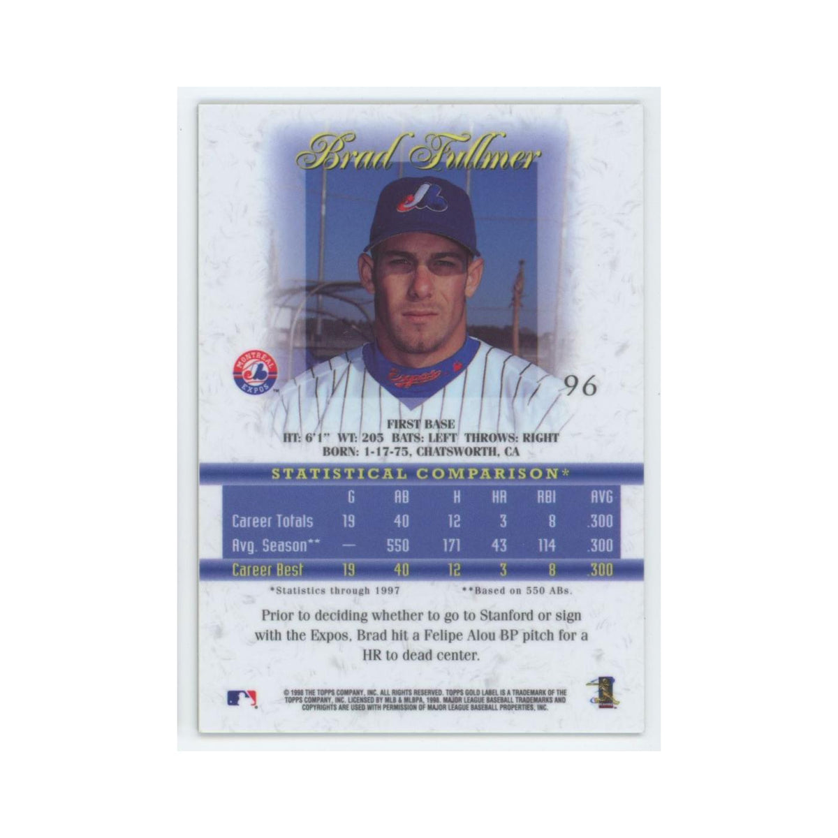 1998 Topps Gold Label Brad Fullmer Montreal Expos #96
